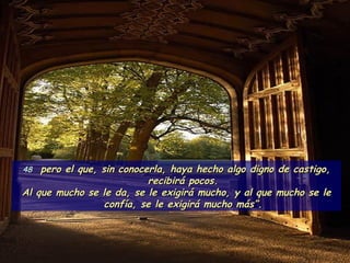 48   pero el que, sin conocerla, haya hecho algo digno de castigo, recibirá pocos. Al que mucho se le da, se le exigirá mucho, y al que mucho se le confía, se le exigirá mucho más”. 