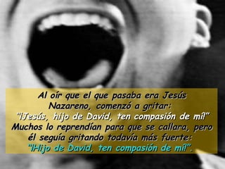 Al oír que el que pasaba era Jesús Nazareno, comenzó a gritar:  “ ¡Jesús, hijo de David, ten compasión de mí!”  Muchos lo reprendían para que se callara, pero él seguía gritando todavía más fuerte:  “ ¡Hijo de David, ten compasión de mí!”.  
