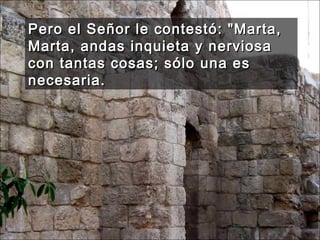 Pero el Señor le contestó: "Marta, Marta, andas inquieta y nerviosa con tantas cosas; sólo una es necesaria.  