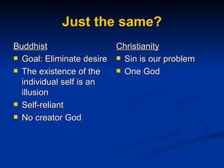 Just the same? Buddhist Goal: Eliminate desire The existence of the individual self is an illusion Self-reliant No creator God Christianity Sin is our problem One God 