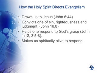 How the Holy Spirit Directs Evangelism Draws us to Jesus (John 6:44)‏ Convicts one of sin, righteousness and judgment. (John 16.8)‏ Helps one respond to God’s grace (John 1:12, 3:5-8). Makes us spiritually alive to respond. 