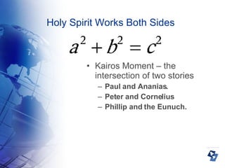 Holy Spirit Works Both Sides Kairos Moment – the intersection of two stories Paul and Ananias. Peter and Cornelius Phillip and the Eunuch. 