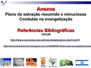 AnexosAnexos
Plano da salvação resumido e minuciosasPlano da salvação resumido e minuciosas
Condutas na evangelizaçãoCondutas na evangelização
Referências BibliográficasReferências Bibliográficas
JOCUMJOCUM
http://www.escomiw.com.br/colunista/arquivo.php?cod=1http://www.escomiw.com.br/colunista/arquivo.php?cod=1
http://encontrandocristo.blogspot.com.br/2009/04/8-dicas-para-evangelismo-pesshttp://encontrandocristo.blogspot.com.br/2009/04/8-dicas-para-evangelismo-pess
 