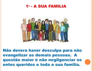 1ª - A SUA FAMILIA 
Não devera haver desculpa para não 
evangelizar as demais pessoas. A 
questão maior é não negligenciar os 
entes queridos e toda a sua familia. 
 