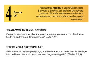 Quarta
Lei
Precisamos receber a Jesus Cristo como
Salvador e Senhor, por meio de um convite
pessoal. Só então poderemos conhecer e
experimentar o amor e o plano de Deus para
nossa vida.
PRECISAMOS RECEBER A CRISTO
“Contudo, aos que o receberam, aos que creram em seu nome, deu-lhes o
direito de se tornarem filhos de Deus” (João 1.12).
RECEBEMOS A CRISTO PELA FÉ
“Pois vocês são salvos pela graça, por meio da fé, e isto não vem de vocês, é
dom de Deus; não por obras, para que ninguém se glorie” (Efésios 2.8,9).
 