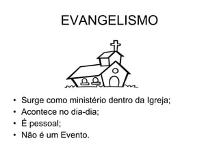EVANGELISMO Surge como ministério dentro da Igreja; Acontece no dia-dia; É pessoal; Não é um Evento. 