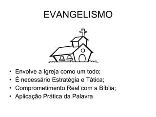 EVANGELISMO Envolve a Igreja como um todo; É necessário Estratégia e Tática; Comprometimento Real com a Bíblia; Aplicação Prática da Palavra 