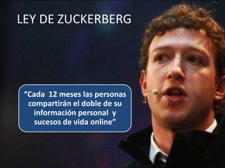 LEY DE ZUCKERBERG




 “Cada 12 meses las personas
  compartirán el doble de su
   información personal y
    sucesos de vida online”
 