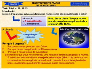 A obra de
Por que é urgente?
1. Por que as almas perecem sem Cristo;
2. Por que há um cumprimento profético em curso;
3. Por que é nosso tempo de evangelizar.
Entendemos que Deus nos concedeu uma relevante tarefa: Evangelizar o mundo.
E sabedores desta realidade, desejada pelos anjos (1Pe 1.12), devemos nos
conscientizar dessa urgência ,nossa função primaria é a proclamação destas
boas , mobilizados pelo Espírito Santo nos quatro cantos da terra.
Evangelização
é urgente!
Texto Básico: Mc 16.15
Introdução:
Existem três grandes colunas da Igreja que muitas vezes são desvalorizada a saber:
A oração.
A evangelização.
O discipulado.
Mas , Jesus disse: “Ide por todo o
mundo,pregai o evangelho a toda a
criatura”. (Mc 16.15).
SEDEPE
“O que aprendeste,isto
também praticai” Fl4.9)
 