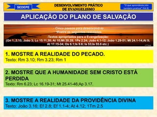 SEDEPE
“O que aprendeste,isto
também praticai” Fl4.9)
APLICAÇÃO DO PLANO DE SALVAÇÃO
- Cinco passos para desenvolvê-lo
- Mostre as seguintes realidades.
-Textos apropriados para a Evangelização:
(Gn 1.;3.15; João 3; Lc 15.11,30; At 10;Mt 20.28; 1Pe 2.24; João 4.1-12; João 1.29-51; Mt 24.1-14;At 9;
At 17.15-34; Os 6.1;Is 9.6; Is 53;Is 55.6 etc.)
1. MOSTRE A REALIDADE DO PECADO.
Texto: Rm 3.10; Rm 3.23; Rm 1
2. MOSTRE QUE A HUMANIDADE SEM CRISTO ESTÁ
PERDIDA
Texto: Rm 6.23; Lc 16.19-31; Mt 25.41-46;Ap 3.17.
3. MOSTRE A REALIDADE DA PROVIDÊNCIA DIVINA
Texto: João 3.16; Ef 2.8; Ef 1.1-4; At 4.12; 1Tm 2.5
 