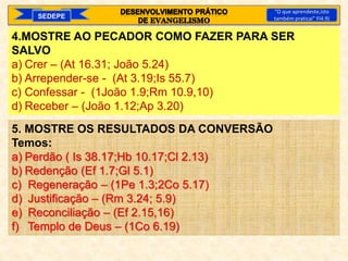 SEDEPE
“O que aprendeste,isto
também praticai” Fl4.9)
4.MOSTRE AO PECADOR COMO FAZER PARA SER
SALVO
a) Crer – (At 16.31; João 5.24)
b) Arrepender-se - (At 3.19;Is 55.7)
c) Confessar - (1João 1.9;Rm 10.9,10)
d) Receber – (João 1.12;Ap 3.20)
5. MOSTRE OS RESULTADOS DA CONVERSÃO
Temos:
a) Perdão ( Is 38.17;Hb 10.17;Cl 2.13)
b) Redenção (Ef 1.7;Gl 5.1)
c) Regeneração – (1Pe 1.3;2Co 5.17)
d) Justificação – (Rm 3.24; 5.9)
e) Reconciliação – (Ef 2.15,16)
f) Templo de Deus – (1Co 6.19)
 
