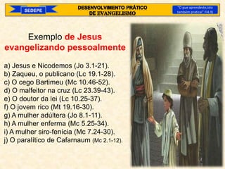 Exemplo de Jesus
evangelizando pessoalmente
a) Jesus e Nicodemos (Jo 3.1-21).
b) Zaqueu, o publicano (Lc 19.1-28).
c) O cego Bartimeu (Mc 10.46-52).
d) O malfeitor na cruz (Lc 23.39-43).
e) O doutor da lei (Lc 10.25-37).
f) O jovem rico (Mt 19.16-30).
g) A mulher adúltera (Jo 8.1-11).
h) A mulher enferma (Mc 5.25-34).
i) A mulher siro-fenícia (Mc 7.24-30).
j) O paralítico de Cafarnaum (Mc 2.1-12).
SEDEPE
“O que aprendeste,isto
também praticai” Fl4.9)
 