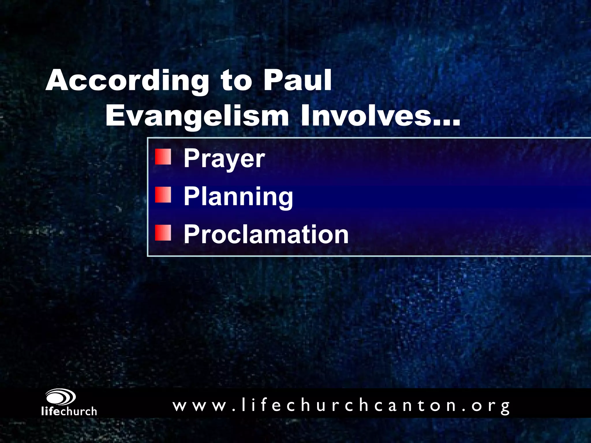 According to Paul   Evangelism Involves... Prayer Planning Proclamation 