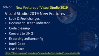 New Features of Visual Studio 2019
Visual Studio 2019 New Features
• Look & Feel changes
• Document Health Indicator
• Cod...