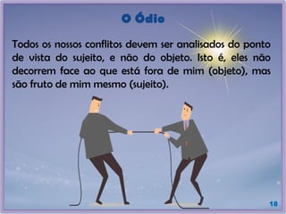 O Ódio
Todos os nossos conflitos devem ser analisados do ponto
de vista do sujeito, e não do objeto. Isto é, eles não
decorrem face ao que está fora de mim (objeto), mas
são fruto de mim mesmo (sujeito).
18
 