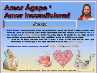 • Amor Ágape: amor-doação, amor incondicional, amor de Deus, caracterizado pelo
amor de Deus às criaturas, amor transcendental, que nos vincula ao criador, “Eu e o
pai somos um.” (João 10:30), o amor fraterno, capaz de dividir-se, de doar-se sem
necessidade de reconhecimento nem gratidão, amor ao próximo, caridade.
o “Mas se as faço, embora não me creiais a mim, crede nas obras; para que
entendais e saibais que o Pai está em mim e eu no Pai.” (João 10:38).
• “Amai uns aos outros como eu vos amei.” (João 13:34) e (João 15:12).
6¹ palavra de origem grega - Amor que se doa, amor que se entrega.
 