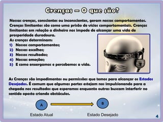 Nossas crenças, conscientes ou inconscientes, geram nossos comportamentos.
Crenças limitantes são como uma prisão de vícios comportamentais. Crenças
limitantes em relação a dinheiro nos impede de alcançar uma vida de
prosperidade duradoura.
As crenças determinam:
1) Nossos comportamentos;
2) Nossas escolhas;
3) Nossos resultados;
4) Nossas emoções;
5) E como enxergamos e percebemos a vida.
As Crenças são impedimentos ou permissões que temos para alcançar os Estados
Desejados. É comum que algumas partes estejam nos impulsionando para a
chegada nos resultados que esperamos enquanto outras buscam interferir no
sentido oposto criando obstáculos.
A B
Estado Atual Estado Desejado
 