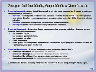 Crença de Identidade - Quem é você? Como você se vê? Não o que eu quero ser. O que eu acredito ser.
Vencendo crenças limitantes:
• Desvalor: Sou inteligente. Sou bonito. Sou valoroso. Sou forte. Sou saudável. Se eu me vejo como
uma pessoa de valor, vou me aproximar de uma pessoa que tem valor. E isto determina minhas
atitudes.
• Desamor: Sou amado pelas pessoa. Sou simpático, sou comunicativo.
• Desamparo: Tenho autonomia nas áreas profissional e financeira.
Crença de Capacidade - Determina do que eu sou capaz. Sou capaz de trabalhar, de passar em um
concurso, de assumir uma família.
• Sou capaz de ser pai.
• Sou capaz de ganhar dinheiro.
• Sou capaz de ser feliz.
• Como eu me vejo?
• Eu sei que eu sou inteligente e de repente eu não me sinto capaz porque eu nunca fiz. Eu não me
vejo fazendo, mas posso mudar isso.
Crença de Merecimento - A pessoa não se sente como merecedor (dentro dela).
• Eu mereço ter dinheiro. Eu não mereço ter dinheiro.
• Eu mereço este cargo. Eu não mereço este cargo. É muito para mim.
• Eu sou bom! Eu sei fazer. Faço para os outros, mas faço para mim.
• Eu me permito chegar lá. Eu não me permito chegar lá (inconsciente).
O alinhamento destas 3 crenças potencializadas fazem você chegar a algum lugar. No seu lugar.
 