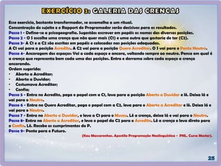 Esse exercício, bastante transformador, se assemelha a um ritual.
Concentração do sujeito e o Rapport do Programador serão decisivos para os resultados.
Passo 1 - Define-se a psicogeografia. Sugestão: escrever em papéis os nomes das diversas posições.
Passo 2 - O S escolhe uma crença que não quer mais (C1) e uma outra que gostaria de ter (C2).
Passo 3- A C1 e a C2 são escritas em papéis e colocadas nas posições adequadas.
A C1 vai para a posição Acredito. A C2 vai para a posição Quero Acreditar. O S vai para o Ponto Neutro.
Passo 4- Ancoragem dos espaços: Vai a cada espaço e ancora, voltando sempre ao neutro. Pensa em qual é
a crença que representa bem cada uma das posições. Entra e derrama sobre cada espaço a crença
ancorando.
Ordem sugerida:
• Aberto a Acreditar;
• Aberto a Duvidar;
• Costumava Acreditar;
• Confia;
Passo 5 - Entra no Acredito, pega o papel com a C1, leva para a posição Aberto a Duvidar e lê. Deixa lá e
vai para o Neutro.
Passo 6 - Entra no Quero Acreditar, pega o papel com a C2, leva para o Aberto a Acreditar e lê. Deixa lá e
vai para o Neutro.
Passo 7 - Entra no Aberto a Duvidar, e leva a C1 para o Museu. Lê a crença, deixa lá e vai para o Neutro.
Passo 8- Entra no Aberto a Acreditar, e leva o papel da C2 para o Acredito. Lê a crença e leva direto para
o Confio. Lê. Recebe os cumprimentos do P.
Passo 9- Ponte para o Futuro.
(Kau Mascarenhas. Apostila Programação Neolinguística - PNL. Curso Master).
 