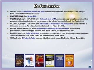 CHUNG, Tom. A Qualidade começa em mim: manual neurolingüístico de liderança e comunicação.
Novo Século Editora. Osasco-SP: 2002.
MASCARENHAS, Kau. Master PNL.
O’CONNOR, Joseph e SEYMOUR, John. Treinando com a PNL: recurso da programação neurolinguística
para administradores, instrutores e comunicadores. 3a. edição. Summus Editorial, São Paulo: 1996.
O’CONNOR, Joseph e SEYMOUR, John. Introdução à Programação Neurolinguística: como entender e
influenciar as pessoas. 7a. edição. Summus Editorial, São Paulo-SP: 1990.
READY, Romilla e BURTON, Kate. Programação Neurolinguística para Leigos: transforme os
pensamentos positivos em ações positivas. Alta Books Editora, Rio de Janeiro-RJ: 2014.
ROBBINS, Anthony. Poder sem limites: o caminho do sucesso pessoal pela programação neurolingüística.
Tradução de Muriel Alves Brasil. 11ª ed. Rio de Janeiro: Best Seller, 2009.
VIEIRA, Paulo. O Poder da Ação: faça sua vida ideal sair do papel. São Paulo: Editora Gente, 2015.
 