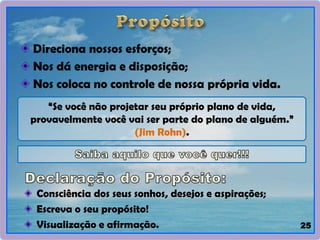 Direciona nossos esforços;
Nos dá energia e disposição;
Nos coloca no controle de nossa própria vida.
25
“Se você não projetar seu próprio plano de vida,
provavelmente você vai ser parte do plano de alguém.”
(Jim Rohn).
Consciência dos seus sonhos, desejos e aspirações;
Escreva o seu propósito!
Visualização e afirmação.
 