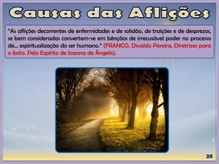 “As aflições decorrentes de enfermidades e de solidão, de traições e de desprezos,
se bem consideradas convertem-se em bênçãos de irrecusável poder no processo
de... espiritualização do ser humano.” (FRANCO, Divaldo Pereira. Diretrizes para
o êxito. Pelo Espírito de Joanna de Ângelis).
 