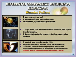 O bem sobrepõe ao mal;
A forma corpórea é sempre humana;
Embelezada, aperfeiçoada purificada;
O corpo nada tem da materialidade terrestre, não sujeito
às deteriorações;
O desenvolvimento dos corpos é rápido e quase nula a
infância;
A morte é uma transformação feliz;
Relações amistosas, laços de amor e fraternidade;
“Ao mesmo tempo que os seres progridem moralmente,
progridem materialmente os mundos em que eles habitam.”
(KARDEC, Allan. O Evangelho Segundo o Espiritismo. Cap. III).
 