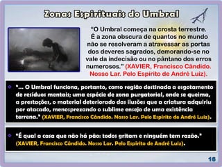 “O Umbral começa na crosta terrestre.
É a zona obscura de quantos no mundo
não se resolveram a atravessar as portas
dos deveres sagrados, demorando-se no
vale da indecisão ou no pântano dos erros
numerosos.” (XAVIER, Francisco Cândido.
Nosso Lar. Pelo Espírito de André Luiz).
“... O Umbral funciona, portanto, como região destinada a esgotamento
de resíduos mentais; uma espécie de zona purgatorial, onde se queima,
a prestações, o material deteriorado das ilusões que a criatura adquiriu
por atacado, menosprezando o sublime ensejo de uma existência
terrena.” (XAVIER, Francisco Cândido. Nosso Lar. Pelo Espírito de André Luiz).
“É qual a casa que não há pão: todos gritam e ninguém tem razão.”
(XAVIER, Francisco Cândido. Nosso Lar. Pelo Espírito de André Luiz).
 