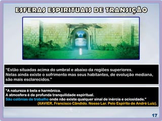 “Estão situadas acima do umbral e abaixo da regiões superiores.
Nelas ainda existe o sofrimento mas seus habitantes, de evolução mediana,
são mais esclarecidos.”
“A natureza é bela e harmônica.
A atmosfera é de profunda tranquilidade espiritual.
São colônias de trabalho onde não existe qualquer sinal de inércia e ociosidade.”
(XAVIER, Francisco Cândido. Nosso Lar. Pelo Espírito de André Luiz).
 