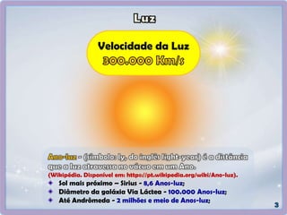 Velocidade da Luz
(Wikipédia. Disponível em: https://pt.wikipedia.org/wiki/Ano-luz).
Sol mais próximo – Sirius - 8,6 Anos-luz;
Diâmetro da galáxia Via Láctea - 100.000 Anos-luz;
Até Andrômeda - 2 milhões e meio de Anos-luz;
 
