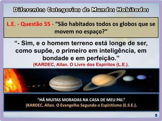 L.E. - Questão 55 - “São habitados todos os globos que se
movem no espaço?”
“- Sim, e o homem terreno está longe de ser,
como supõe, o primeiro em inteligência, em
bondade e em perfeição.”
(KARDEC, Allan. O Livro dos Espíritos (L.E.).
“HÁ MUITAS MORADAS NA CASA DE MEU PAI.”
(KARDEC, Allan. O Evangelho Segundo o Espiritismo (E.S.E.).
 