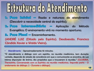 Razão e natureza do atendimento
(Descobrir a necessidade central do espírito);
Aplicação do Método
Evangélico; O ensinamento virá no momento oportuno;
Encaminhamento.
(ANDRÉ LUIZ (Ditado pelo Espírito). Desobsessão. Francisco
Cândido Xavier e Waldo Vieira).
• Atendimento - Aproximadamente 10 minutos;
“O atendimento e diálogo com um espírito, na reunião mediúnica, tem duração
variada, depende do estado de consciência em que o comunicante se encontra, de sua
íntima disposição de ânimo, dos propósitos que o trouxeram à reunião.” (OLIVEIRA,
Therezinha. Conversando com os Espíritos na reunião mediúnica. Segunda parte - O
andamento do diálogo: 2 - Durante o diálogo).
 