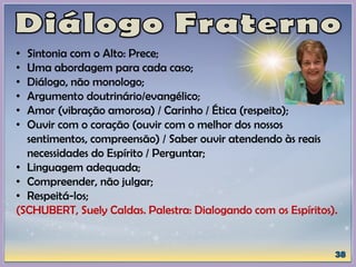 • Sintonia com o Alto: Prece;
• Uma abordagem para cada caso;
• Diálogo, não monologo;
• Argumento doutrinário/evangélico;
• Amor (vibração amorosa) / Carinho / Ética (respeito);
• Ouvir com o coração (ouvir com o melhor dos nossos
sentimentos, compreensão) / Saber ouvir atendendo às reais
necessidades do Espírito / Perguntar;
• Linguagem adequada;
• Compreender, não julgar;
• Respeitá-los;
(SCHUBERT, Suely Caldas. Palestra: Dialogando com os Espíritos).
 