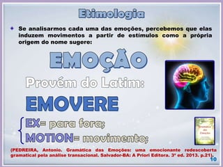 10
Se analisarmos cada uma das emoções, percebemos que elas
induzem movimentos a partir de estímulos como a própria
origem do nome sugere:
(PEDREIRA, Antonio. Gramática das Emoções: uma emocionante redescoberta
gramatical pela análise transacional. Salvador-BA: A Priori Editora. 3ª ed. 2013. p.21).
 