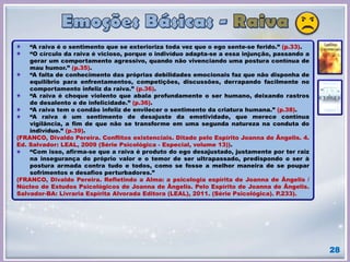 28
“A raiva é o sentimento que se exterioriza toda vez que o ego sente-se ferido.” (p.33).
“O círculo da raiva é vicioso, porque o indivíduo adapta-se a essa injunção, passando a
gerar um comportamento agressivo, quando não vivenciando uma postura contínua de
mau humor.” (p.35).
“A falta de conhecimento das próprias debilidades emocionais faz que não disponha de
equilíbrio para enfrentamentos, competições, discussões, derrapando facilmente no
comportamento infeliz da raiva.” (p.36).
“A raiva é choque violento que abala profundamente o ser humano, deixando rastros
de desalento e de infelicidade.” (p.36).
“A raiva tem o condão infeliz de envilecer o sentimento da criatura humana.” (p.38).
“A raiva é um sentimento de desajuste da emotividade, que merece contínua
vigilância, a fim de que não se transforme em uma segunda natureza na conduta do
indivíduo.” (p.39).
(FRANCO, Divaldo Pereira. Conflitos existenciais. Ditado pelo Espírito Joanna de Ãngelis. 4.
Ed. Salvador: LEAL, 2009 (Série Psicológica - Especial, volume 13)).
“Com isso, afirma-se que a raiva é produto do ego desajustado, justamente por ter raiz
na insegurança do próprio valor e o temor de ser ultrapassado, predispondo o ser à
postura armada contra tudo e todos, como se fosse a melhor maneira de se poupar
sofrimentos e desafios perturbadores.”
(FRANCO, Divaldo Pereira. Refletindo a Alma: a psicologia espírita de Joanna de Ângelis /
Núcleo de Estudos Psicológicos de Joanna de Ângelis. Pelo Espírito de Joanna de Ângelis.
Salvador-BA: Livraria Espírita Alvorada Editora (LEAL), 2011. (Série Psicológica). P.233).
 