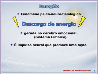 7
Fenômeno psico-neuro-fisiológico
gerada no cérebro emocional.
(Sistema Límbico).
É impulso neural que promove uma ação.
(Palestra Dr. Antônio Pedreira).
 