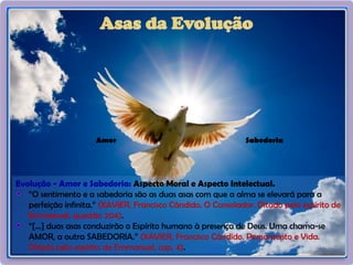 28
Asas da Evolução
Amor Sabedoria
Evolução - Amor e Sabedoria: Aspecto Moral e Aspecto Intelectual.
“O sentimento e a sabedoria são as duas asas com que a alma se elevará para a
perfeição infinita.” (XAVIER, Francisco Cândido. O Consolador. Ditado pelo espírito de
Emmanuel, questão 204).
“[...] duas asas conduzirão o Espírito humano à presença de Deus. Uma chama-se
AMOR, a outra SABEDORIA.” (XAVIER, Francisco Cândido. Pensamento e Vida.
Ditado pelo espírito de Emmanuel, cap. 4).
 