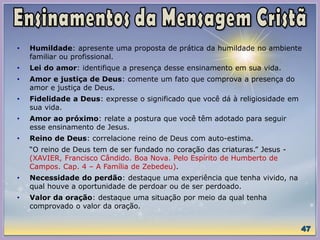 • Humildade: apresente uma proposta de prática da humildade no ambiente
familiar ou profissional.
• Lei do amor: identifique a presença desse ensinamento em sua vida.
• Amor e justiça de Deus: comente um fato que comprova a presença do
amor e justiça de Deus.
• Fidelidade a Deus: expresse o significado que você dá à religiosidade em
sua vida.
• Amor ao próximo: relate a postura que você têm adotado para seguir
esse ensinamento de Jesus.
• Reino de Deus: correlacione reino de Deus com auto-estima.
“O reino de Deus tem de ser fundado no coração das criaturas.” Jesus -
(XAVIER, Francisco Cândido. Boa Nova. Pelo Espírito de Humberto de
Campos. Cap. 4 – A Família de Zebedeu).
• Necessidade do perdão: destaque uma experiência que tenha vivido, na
qual houve a oportunidade de perdoar ou de ser perdoado.
• Valor da oração: destaque uma situação por meio da qual tenha
comprovado o valor da oração.
 