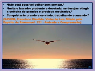 • “Não será possível colher sem semear.”
• “Imita o lavrador prudente e devotado, se desejas atingir
a colheita de grandes e precisos resultados.”
• Conquistarás orando e servindo, trabalhando e amando.”
(XAVIER, Francisco Cândido. Vinha de Luz. Ditado pelo
Espírito de Emmanuel. 121 - Amizade e Compreensão).
 