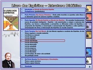 Parte Primeira: Das Causas Primárias - Onde estão inseridas as questões sobre Deus e
os elementos gerais do universo: espírito e matéria.
Introdução ao Estudo da Doutrina Espírita
Prolegômenos (preâmbulos);
Parte Segunda: Do Mundo Espírita ou Mundo dos Espíritos - Os conceitos fundamentais
acerca do princípio inteligente – Espírito – são examinados: a origem e natureza dos
Espíritos, sua forma e ubiquidade; o perispírito; as diferentes ordens de Espíritos; a
progressão dos Espíritos; a encarnação e reencarnação dos Espíritos; a vida espírita; a
emancipação da alma; a intervenção dos Espíritos no mundo corporal.
Parte Terceira: Das Leis Morais. As Leis Morais regulam a conduta dos Espíritos. As leis
físicas regulam o mundo material.
• Lei divina ou natural
• Lei de adoração
• Lei do trabalho
• Lei de reprodução
• Lei de conservação
• Lei de destruição
• Lei de sociedade
• Lei de progresso
• Lei de igualdade
• Lei de liberdade
• Lei de justiça, de amor e de caridade
• Da perfeição moral
Na Parte Quarta: Das Esperanças e Consolações.
• Penas e gozos terrenos;
• Penas e gozos futuros;
Conclusão
 