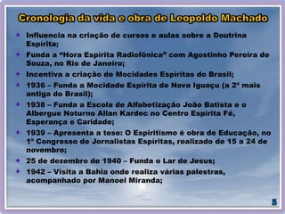 Influencia na criação de cursos e aulas sobre a Doutrina
Espírita;
Funda a “Hora Espírita Radiofônica” com Agostinho Pereira de
Souza, no Rio de Janeiro;
Incentiva a criação de Mocidades Espíritas do Brasil;
1936 – Funda a Mocidade Espírita de Nova Iguaçu (a 2ª mais
antiga do Brasil);
1938 – Funda a Escola de Alfabetização João Batista e o
Albergue Noturno Allan Kardec no Centro Espírita Fé,
Esperança e Caridade;
1939 – Apresenta a tese: O Espiritismo é obra de Educação, no
1º Congresso de Jornalistas Espíritas, realizado de 15 a 24 de
novembro;
25 de dezembro de 1940 – Funda o Lar de Jesus;
1942 – Visita a Bahia onde realiza várias palestras,
acompanhado por Manoel Miranda;
 