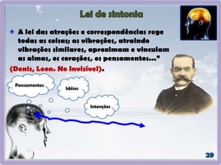A lei das atrações e correspondências rege
todas as coisas; as vibrações, atraindo
vibrações similares, aproximam e vinculam
as almas, os corações, os pensamentos...”
(Denis, Leon. No Invisível).
Idéias
Intenções
Pensamentos
 