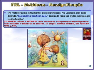 “As metáforas são instrumentos de ressignificação. Na verdade, elas estão
dizendo: “Isso poderia significar que...” contos de fada são lindos exemplos de
ressignificação.”
(O’CONNOR, Joseph e SEYMOUR, John. Introdução à Programação Neurolinguística:
como entender e influenciar as pessoas. 7a. edição. Summus Editorial, São Paulo-SP:
1990. p.140).
 