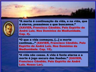 “O que a vida começou, […] a morte
continua...” (XAVIER, Francisco Cândido. Pelo
Espírito de André Luiz. Nos Domínios da
Mediunidade. Cap. 15).
“A vida não cessa. A vida é fonte eterna e a
morte é jogo escuro das ilusões.” (XAVIER,
Francisco Cândido. Pelo Espírito de André
Luiz. Nosso Lar).
“A morte é continuação da vida, e na vida, que
é eterna, possuímos o que buscamos.”
(XAVIER, Francisco Cândido. Pelo Espírito de
André Luiz. Nos Domínios da Mediunidade.
Cap. 4).
 