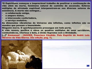 “O Espiritismo começou o inapreciável trabalho de positivar a continuação da
vida além da morte, fenômeno natural do caminho de ascensão. Esferas
múltiplas de atividade espiritual interpenetram-se nos diversos setores da
existência. A morte não extingue...
• a colaboração amiga,
• o amparo mútuo,
• a intercessão confortadora,
• o serviço evolutivo.
As dimensões vibratórias do Universo são infinitas, como infinitos são os
mundos que povoam a Imensidade.
Ninguém morre. O aperfeiçoamento prossegue em toda parte.
A vida renova, purifica e eleva os quadros múltiplos de seus servidores,
conduzindo-os, vitoriosa e bela, à União Suprema com a Divindade.
[...]” Emmanuel - (XAVIER, Francisco Cândido. Pelo Espírito de André Luiz.
Obreiros da Vida Eterna. 22a edição. pag. 7).
 