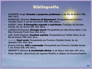 21/01/2025 30
Bibliografia
• AGUAROD, Angel. Grandes e pequenos problemas. 4. ed. Rio de Janeiro: FEB,
1983. 234 p.
• EMMANUEL (Espírito). Palavras de Emmanuel. Psicografado por Francisco
Cândido Xavier. 5. ed. Rio de Janeiro: FEB, 1988. 200 p.
• KARDEC, Allan. O Evangelho segundo o espiritismo. Tradução de Salvador
Gentile. 142. ed. Araras: IDE, 1991. 384 p.
• LANCELLIN (Espírito). Cirurgia moral. Psicografado por João Nunes Maia. 7. ed.
Belo Horizonte: Fonte Viva, 1994. 167 p.
• LUIZ, André (Espírito). Conduta espírita. Psicografado por Waldo Vieira. 16. ed.
Rio de Janeiro: FEB, 1993. 155 p.
• ————. Sinal verde. Psicografado por Francisco Cândido Xavier. 36. ed.
Uberaba: CEC, 1994. 118 p.
• Diversos Espíritos. PAZ e renovação. Psicografado por Francisco Cândido Xavier.
7. ed. Araras: IDE, 1991. 140 p.
• SIMONETTI, Richard. A constituição divina. 4. ed. Bauru: São João, 1991. 143 p.
• Fonte: Apostila sobre Estudo dos aspectos filosófico e religioso da Doutrina Espírita.
 
