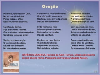 Oração
Pai Nosso, que estás nos Céus,
Na luz dos sóis infinitos,
Pai de todos os aflitos
Deste mundo de escarcéus.
Santificado, Senhor,
Seja o teu nome sublime,
Que em todo o Universo exprime
Concórdia, ternura e amor.
Venha ao nosso coração
O teu reino de bondade,
De paz e de claridade
Na estrada da redenção.
36
Cumpra-se o teu mandamento
Que não vacila e nem erra,
Nos Céus, como em toda a Terra
De luta e de sofrimento.
Evita-nos todo o mal,
Dá-nos o pão no caminho,
Feito na luz, no carinho
Do pão espiritual.
Perdoa-nos, meu Senhor,
Os débitos tenebrosos,
De passados escabrosos,
De iniqüidade e de dor.
Auxilia-nos, também,
Nos sentimentos cristãos,
A amar nossos irmãos
Que vivem longe do bem.
Com a proteção de Jesus,
Livra a nossa alma do erro,
Sobre o mundo de desterro,
Distante da vossa luz.
Que a nossa ideal igreja
Seja o altar da Caridade,
Onde se faça a vontade
Do vosso amor...Assim seja.
(ESPÍRITOS DIVERSOS. Parnaso de Além-Túmulo. Ditado pelo Espírito
de José Silvério Horta. Psicografia de Francisco Cândido Xavier).
 