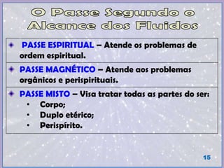 PASSE ESPIRITUAL – Atende os problemas de
ordem espiritual.
PASSE MAGNÉTICO – Atende aos problemas
orgânicos e perispirituais.
PASSE MISTO – Visa tratar todas as partes do ser:
• Corpo;
• Duplo etérico;
• Perispírito.
15
 