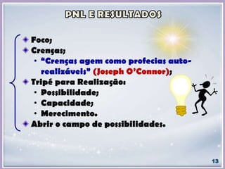 Foco;
Crenças;
• “Crenças agem como profecias auto-
realizáveis” (Joseph O’Connor);
Tripé para Realização:
• Possibilidade;
• Capacidade;
• Merecimento.
Abrir o campo de possibilidades.
 