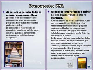 As pessoas sempre fazem a melhor
escolha disponível para elas no
momento.
• A nossa história de vida é individual. Cada
um teve experiências distintas e criou
representações internas muito próprias
dessas experiências. No momento da
escolha, conforme as opções existentes e
habilidades em questão, a opção feita é a
melhor para o sujeito.
• Cada um de nós tem a sua própria e única
história. Através dela aprendemos o que
queremos e como queremos, o que
valorizar, e como valorizar, o que aprender
e como aprender. Esta é a nossa
experiência. A partir dela, devemos fazer
todas as nossas opções, isto é, até que
outras novas e melhores sejam
acrescentadas.
As pessoas já possuem todos os
recursos de que necessitam:
• Já temos todos os recursos de que
necessitamos para sermos felizes,
prósperos, bem-sucedidos ou então
podemos criá-los.
• Já possuímos os recursos básicos
necessários e podemos usá-los para
construir qualquer pensamento,
sentimento ou habilidade que
desejarmos.
 